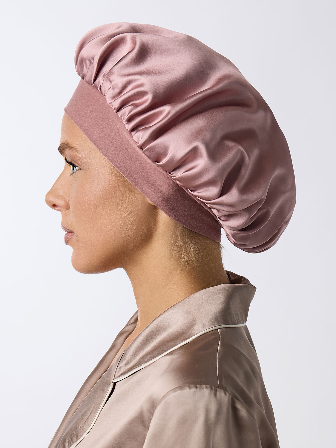 Шелковая шапочка для сна  дымчато-розовая
