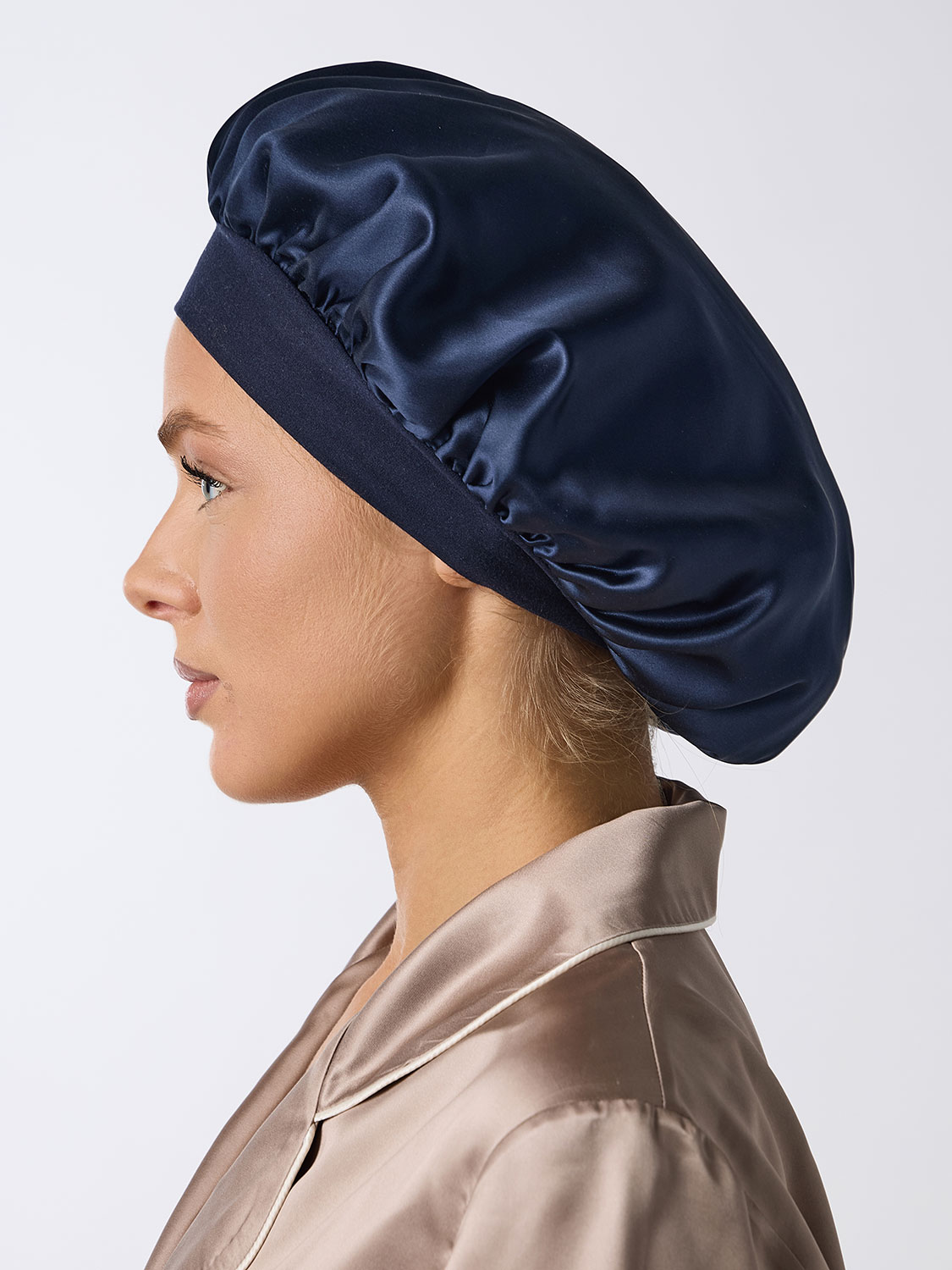 Шелковая шапочка для сна  темно-синяя